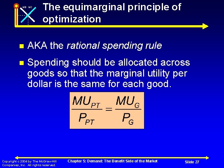 MB MC The equimarginal principle of optimization AKA the rational spending rule Spending should