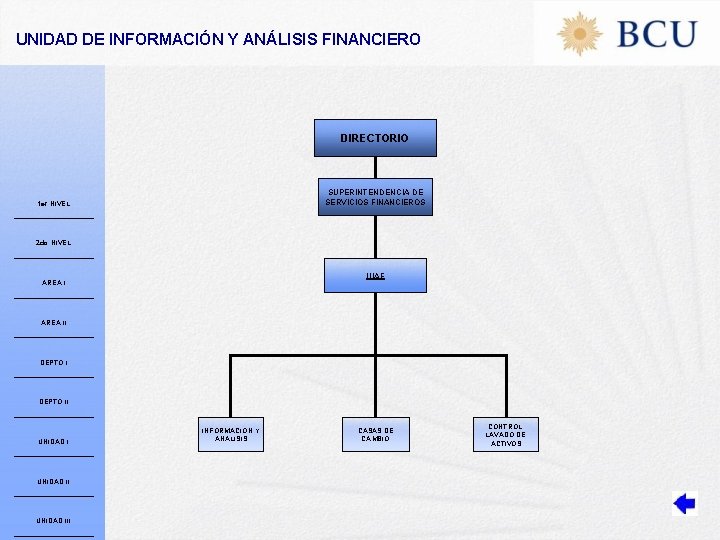 UNIDAD DE INFORMACIÓN Y ANÁLISIS FINANCIERO DIRECTORIO SUPERINTENDENCIA DE SERVICIOS FINANCIEROS 1 er NIVEL