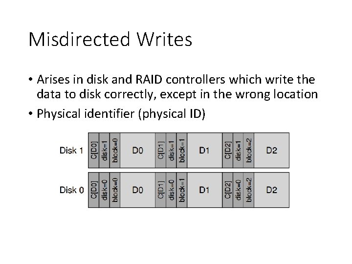 Misdirected Writes • Arises in disk and RAID controllers which write the data to