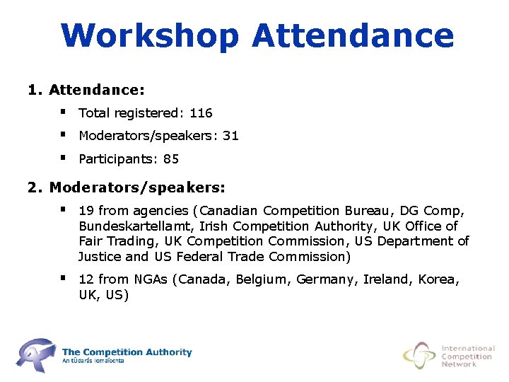 Workshop Attendance 1. Attendance: § Total registered: 116 § Moderators/speakers: 31 § Participants: 85