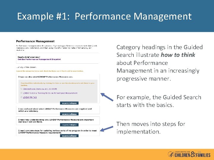 Example #1: Performance Management Category headings in the Guided Search illustrate how to think