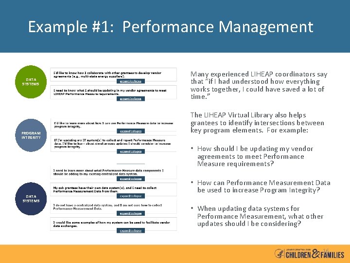 Example #1: Performance Management DATA SYSTEMS PROGRAM INTEGRITY Many experienced LIHEAP coordinators say that