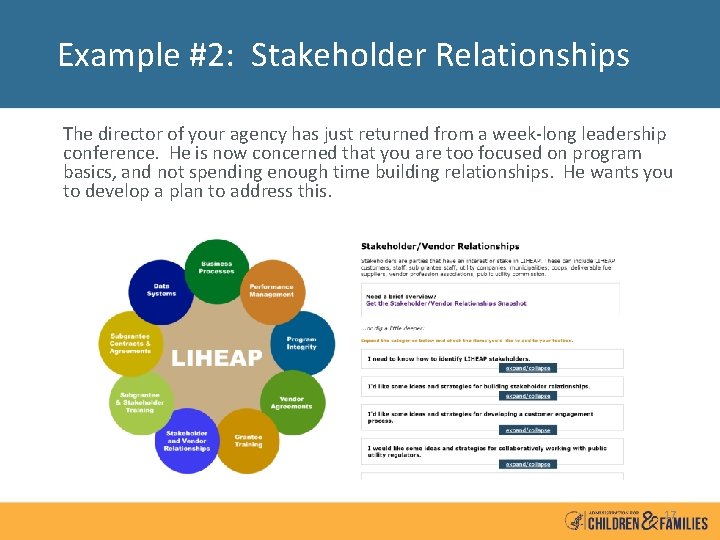 Example #2: Stakeholder Relationships The director of your agency has just returned from a