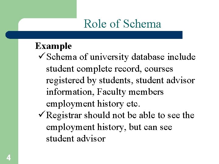 Role of Schema Example ü Schema of university database include student complete record, courses