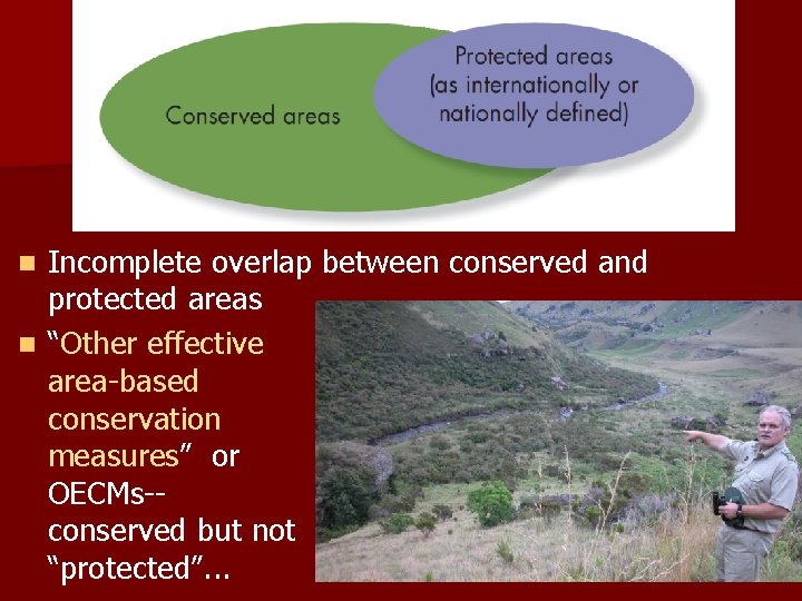 Incomplete overlap between conserved and protected areas n “Other effective area-based conservation measures” or