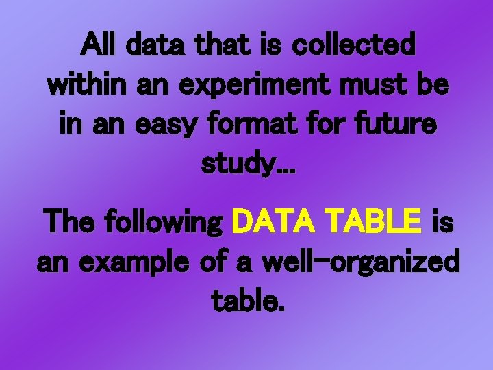 All data that is collected within an experiment must be in an easy format All data that is collected within an experiment must be in an easy format
