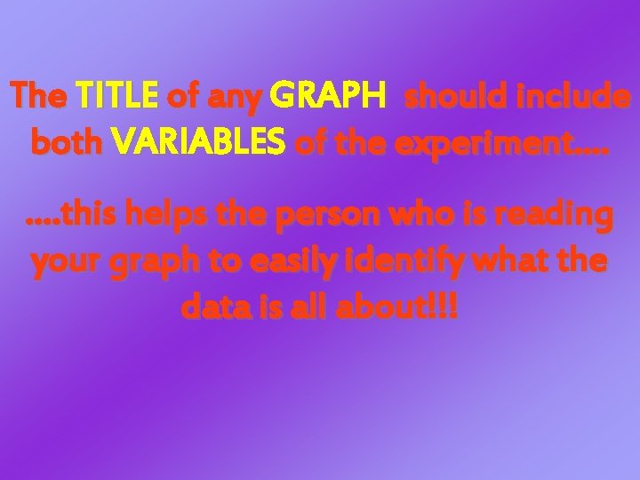 The TITLE of any GRAPH should include both VARIABLES of the experiment…. …. this The TITLE of any GRAPH should include both VARIABLES of the experiment…. …. this