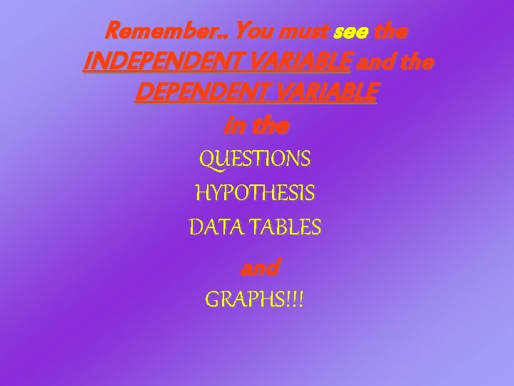 Remember. . You must see the INDEPENDENT VARIABLE and the DEPENDENT VARIABLE in the Remember. . You must see the INDEPENDENT VARIABLE and the DEPENDENT VARIABLE in the