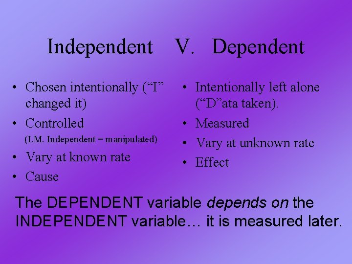 Independent • Chosen intentionally (“I” changed it) • Controlled (I. M. Independent = manipulated) Independent • Chosen intentionally (“I” changed it) • Controlled (I. M. Independent = manipulated)