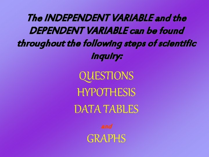 The INDEPENDENT VARIABLE and the DEPENDENT VARIABLE can be found throughout the following steps The INDEPENDENT VARIABLE and the DEPENDENT VARIABLE can be found throughout the following steps