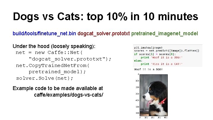 Dogs vs Cats: top 10% in 10 minutes build/tools/finetune_net. bin dogcat_solver. prototxt pretrained_imagenet_model Under