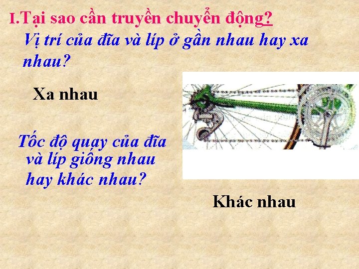 I. Tại sao cần truyền chuyển động? Vị trí của đĩa và líp ở
