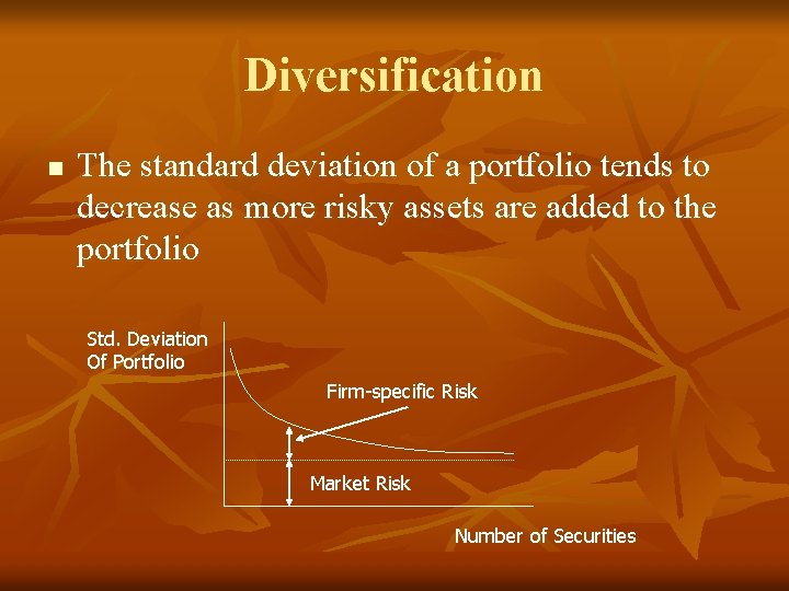 Diversification n The standard deviation of a portfolio tends to decrease as more risky Diversification n The standard deviation of a portfolio tends to decrease as more risky