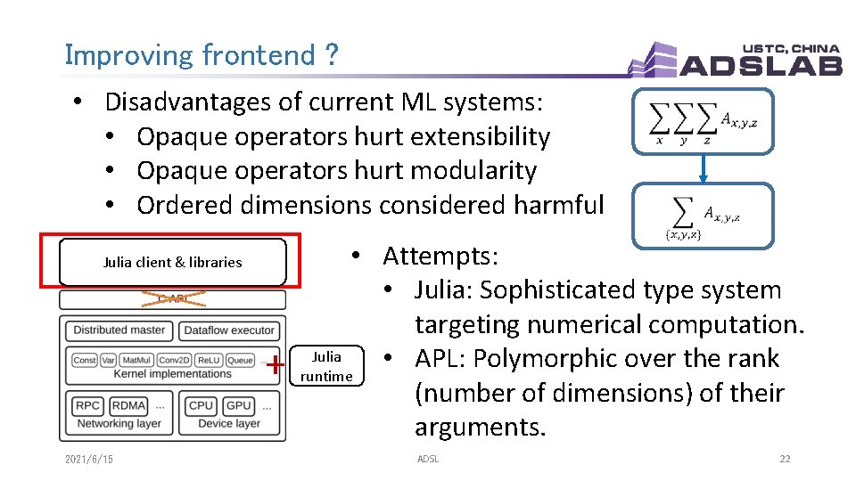 Improving frontend ? • Disadvantages of current ML systems: • Opaque operators hurt extensibility