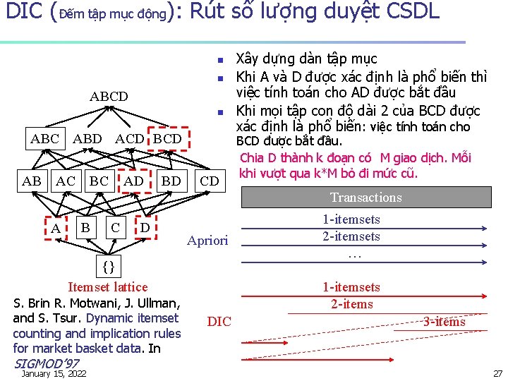 DIC (Đếm tập mục động): Rút số lượng duyệt CSDL n n ABCD n