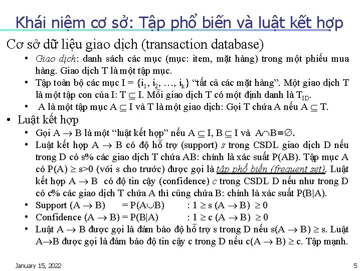 Khái niệm cơ sở: Tập phổ biến và luật kết hợp Cơ sở dữ