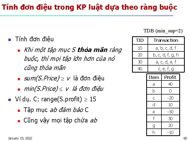 Tính đơn điệu trong KP luật dựa theo ràng buộc TDB (min_sup=2) n Tính