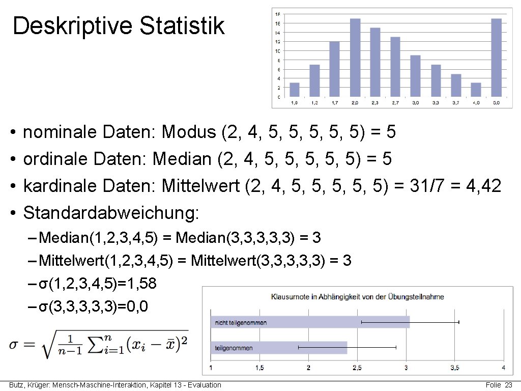 Deskriptive Statistik • • nominale Daten: Modus (2, 4, 5, 5, 5) = 5