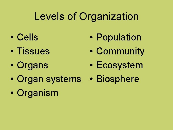 Levels of Organization • • • Cells Tissues Organ systems Organism • • Population