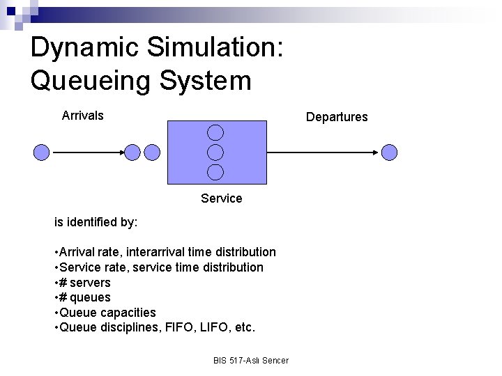 Dynamic Simulation: Queueing System Arrivals Departures Service is identified by: • Arrival rate, interarrival