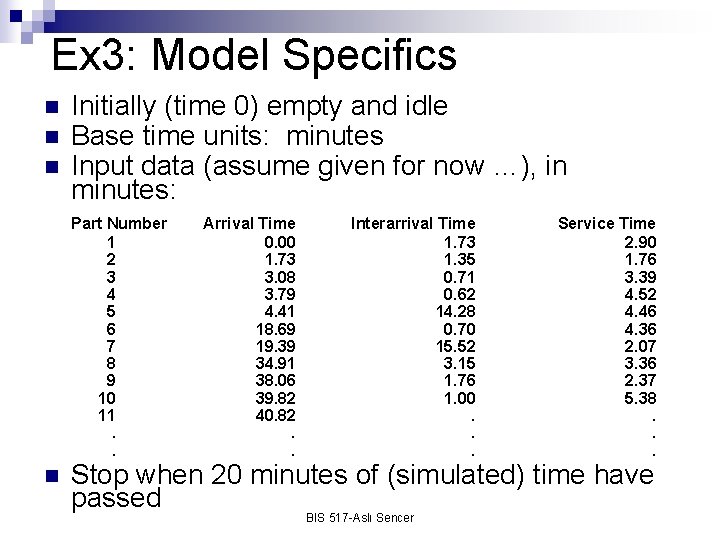 Ex 3: Model Specifics n n n Initially (time 0) empty and idle Base