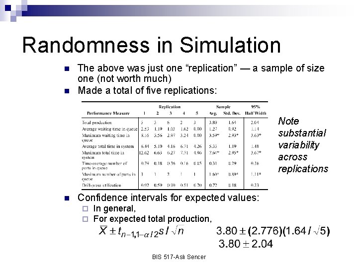Randomness in Simulation n n The above was just one “replication” — a sample