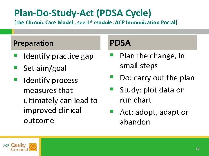 Plan-Do-Study-Act (PDSA Cycle) [the Chronic Care Model , see 1 st module, ACP Immunization