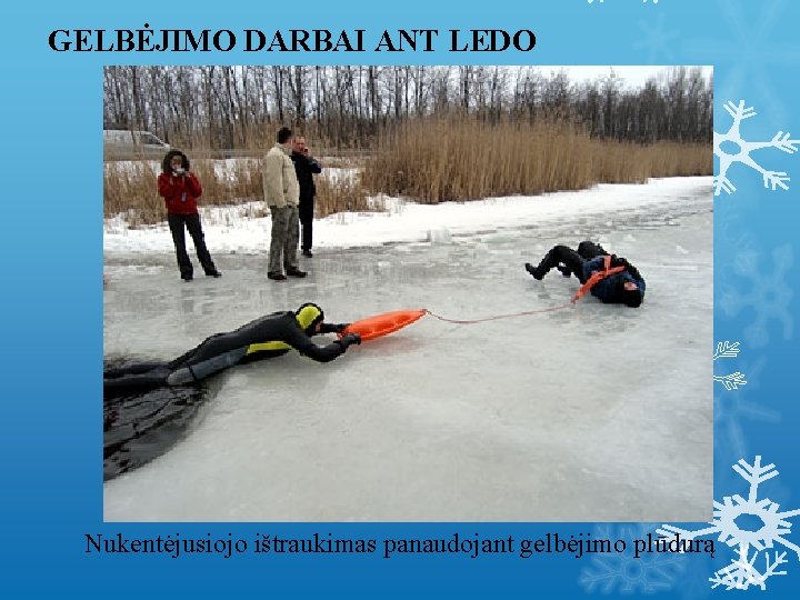 GELBĖJIMO DARBAI ANT LEDO Nukentėjusiojo ištraukimas panaudojant gelbėjimo plūdurą 