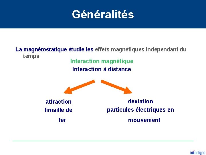 Généralités La magnétostatique étudie les effets magnétiques indépendant du temps Interaction magnétique Interaction à