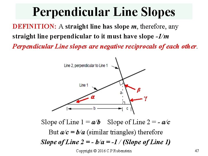 Perpendicular Line Slopes DEFINITION: A straight line has slope m, therefore, any straight line