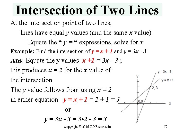 Intersection of Two Lines At the intersection point of two lines, lines have equal