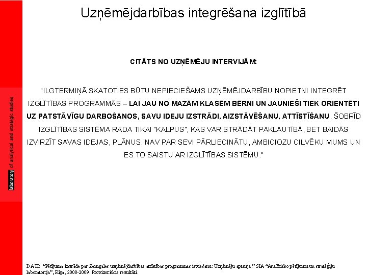 Uzņēmējdarbības integrēšana izglītībā CITĀTS NO UZŅĒMĒJU INTERVIJĀM: “ILGTERMIŅĀ SKATOTIES BŪTU NEPIECIEŠAMS UZŅĒMĒJDARBĪBU NOPIETNI INTEGRĒT