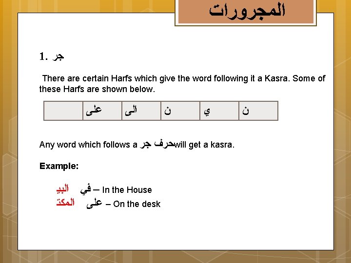  ﺍﻟﻤﺠﺮﻭﺭﺍﺕ 1. ﺟﺮ There are certain Harfs which give the word following it