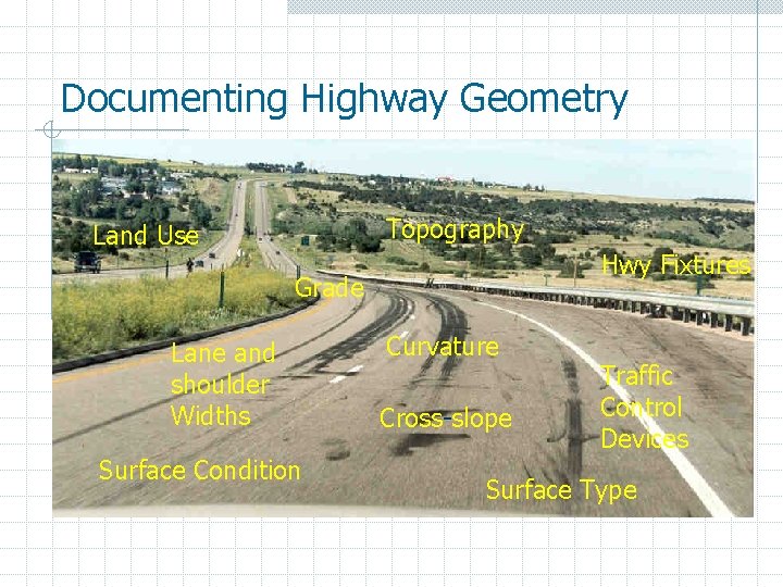 Documenting Highway Geometry Topography Land Use Hwy Fixtures Grade Lane and shoulder Widths Surface