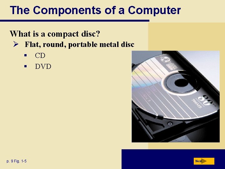 The Components of a Computer What is a compact disc? Ø Flat, round, portable