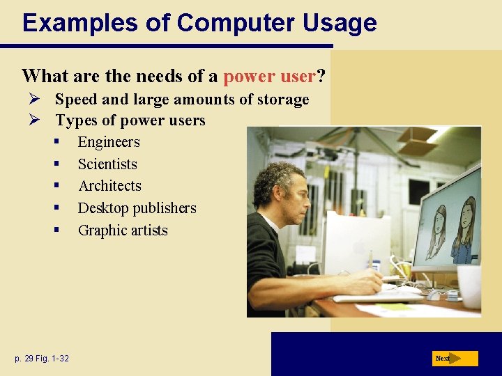 Examples of Computer Usage What are the needs of a power user? Ø Speed