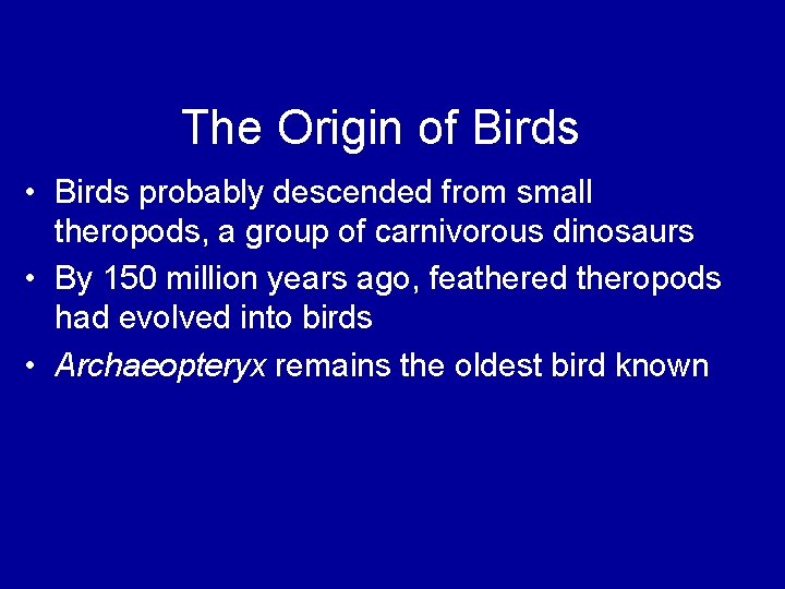 The Origin of Birds • Birds probably descended from small theropods, a group of