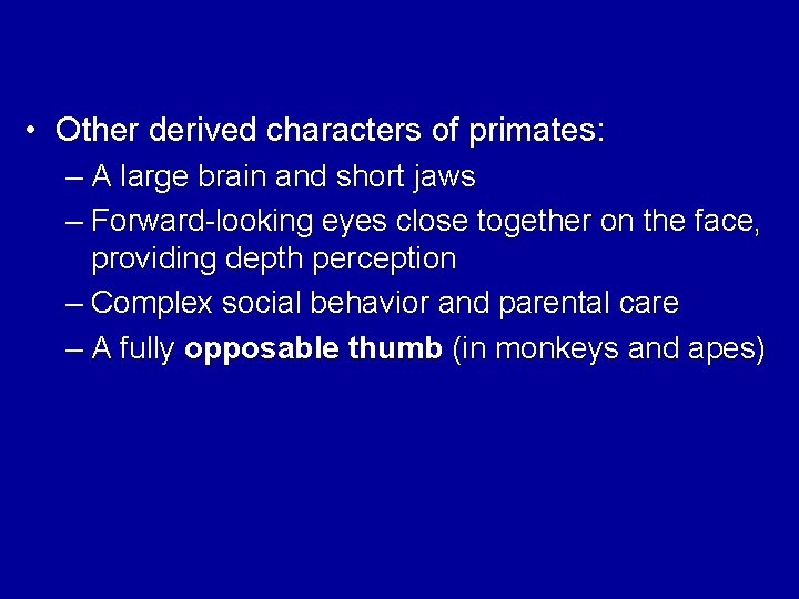  • Other derived characters of primates: – A large brain and short jaws