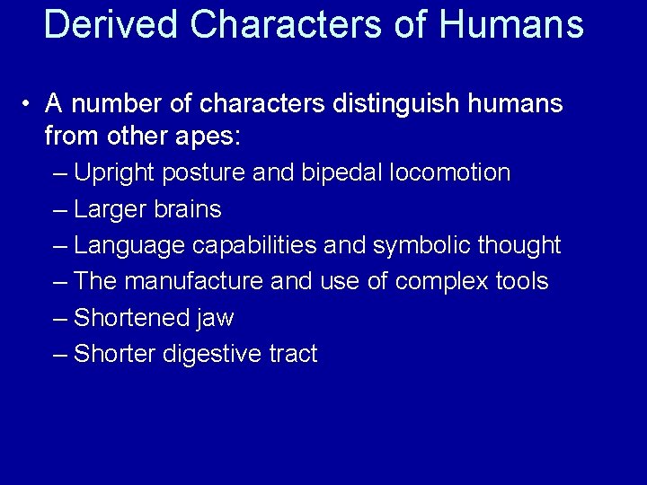 Derived Characters of Humans • A number of characters distinguish humans from other apes: