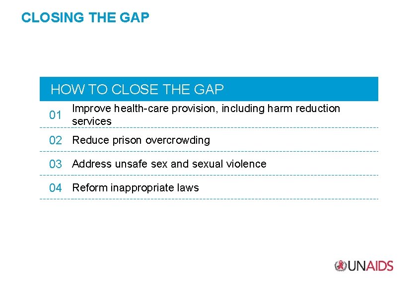 CLOSING THE GAP HOW TO CLOSE THE GAP Improve health-care provision, including harm reduction