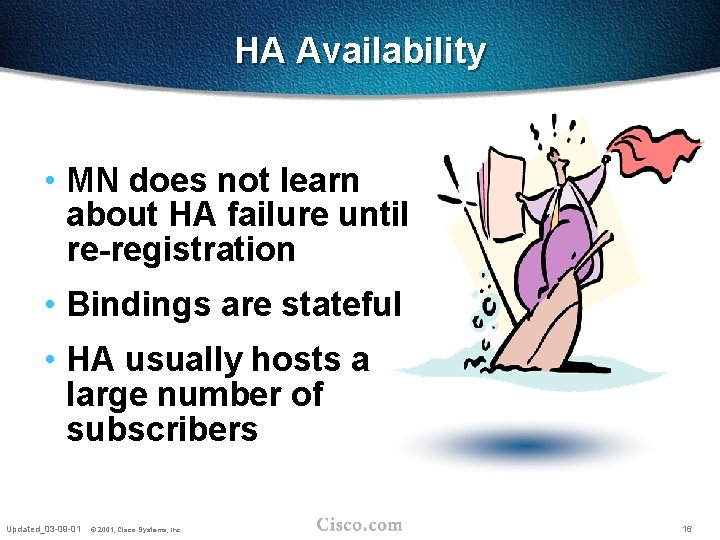 HA Availability • MN does not learn about HA failure until re-registration • Bindings