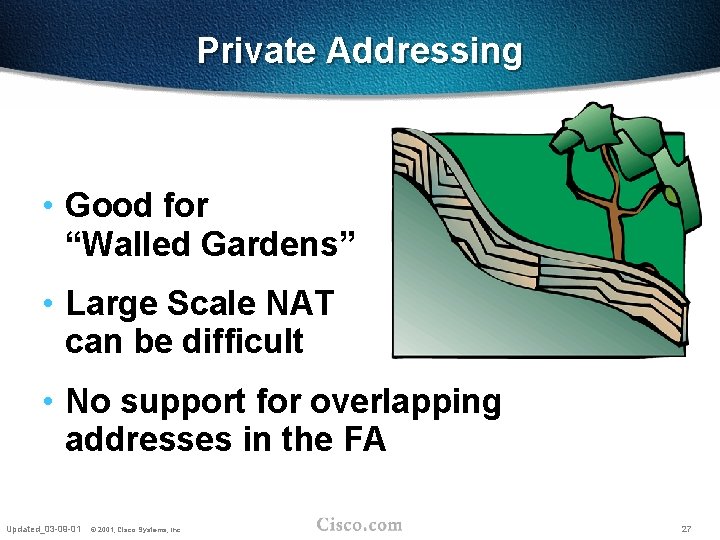 Private Addressing • Good for “Walled Gardens” • Large Scale NAT can be difficult