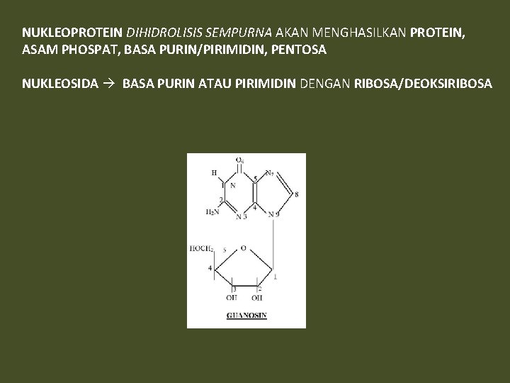 NUKLEOPROTEIN DIHIDROLISIS SEMPURNA AKAN MENGHASILKAN PROTEIN, ASAM PHOSPAT, BASA PURIN/PIRIMIDIN, PENTOSA NUKLEOSIDA BASA PURIN