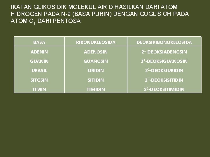 IKATAN GLIKOSIDIK MOLEKUL AIR DIHASILKAN DARI ATOM HIDROGEN PADA N-9 (BASA PURIN) DENGAN GUGUS