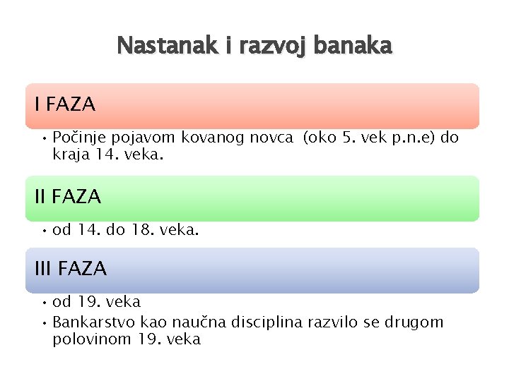 Nastanak i razvoj banaka I FAZA • Počinje pojavom kovanog novca (oko 5. vek