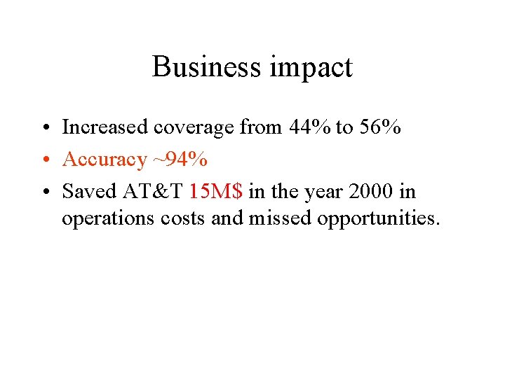 Business impact • Increased coverage from 44% to 56% • Accuracy ~94% • Saved