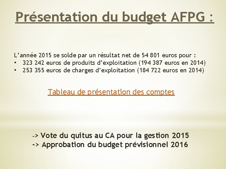 Présentation du budget AFPG : L’année 2015 se solde par un résultat net de