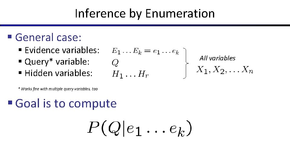 Inference by Enumeration § General case: § Evidence variables: § Query* variable: § Hidden