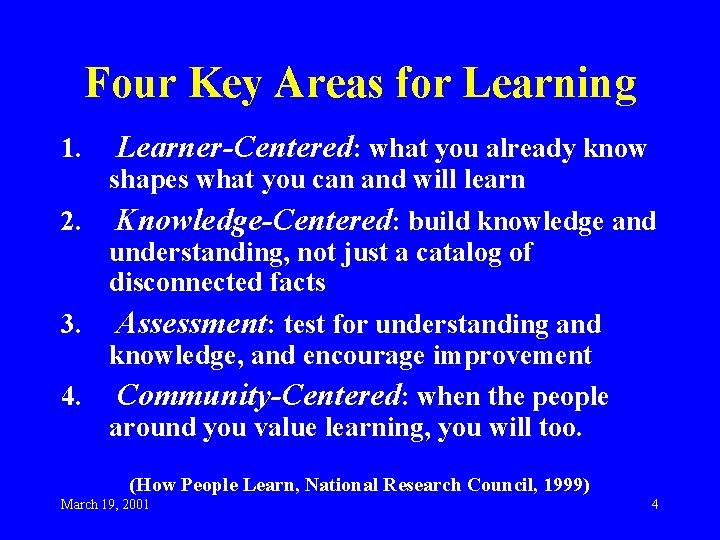 Four Key Areas for Learning 1. Learner-Centered: what you already know shapes what you
