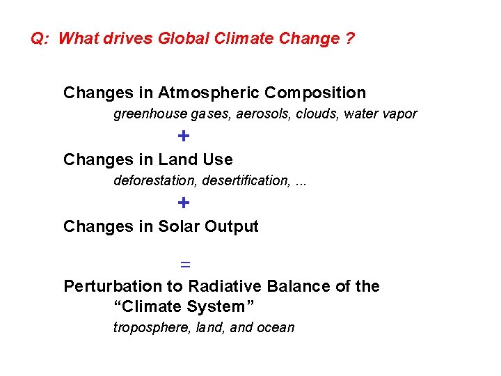 Q: What drives Global Climate Change ? Changes in Atmospheric Composition greenhouse gases, aerosols,